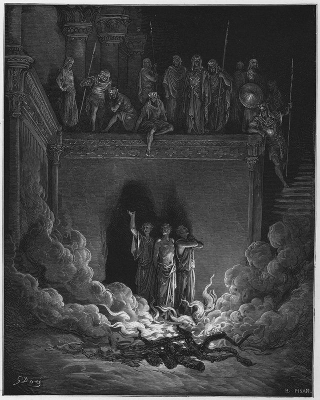 Gustave Dore Bibelen: Shadrak, Mesjak og Abed-Nego i den brennende ovnen av Gustave Dore