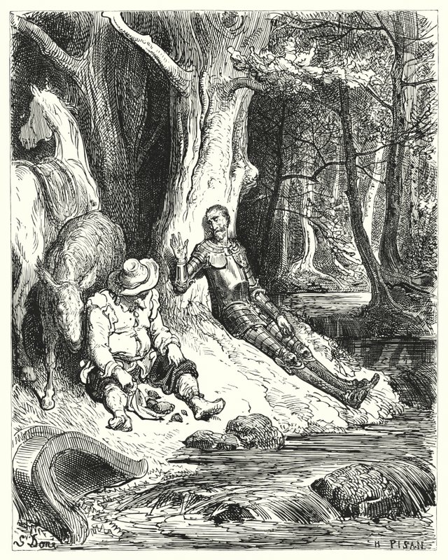 Gustave Dores Don Quixote: "En klar fontene, som Don Quixote og Sancho fant blant noen grønne trær, tjente til å forfriske dem" (gravering) av Gustave Dore