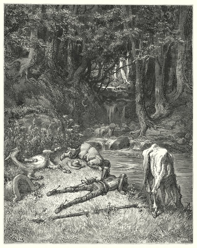 Gustave Dores Don Quijote: "En eng, vannet med en bekk, inviterte dem til å gå av" (gravering) av Gustave Dore