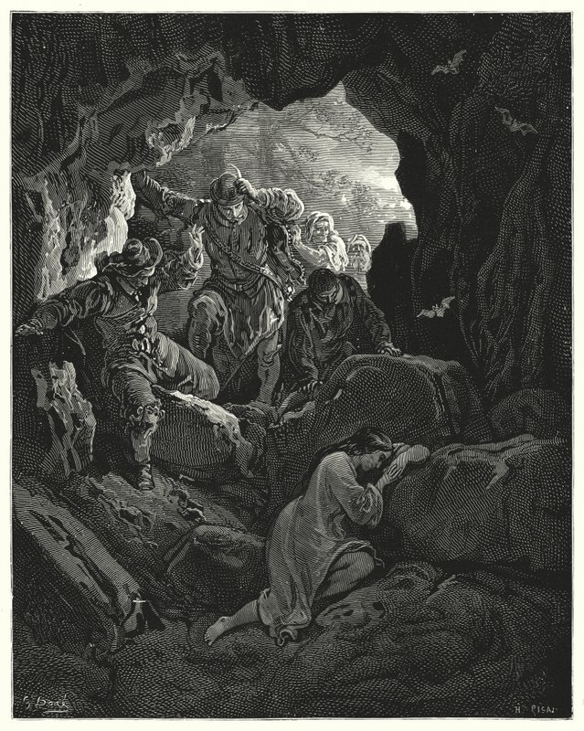 Gustave Dores Don Quijote: "En fest med offiserer sendes ut ... som finner den stakkars glade Leandra i en hule i et av fjellene" (gravering) av Gustave Dore