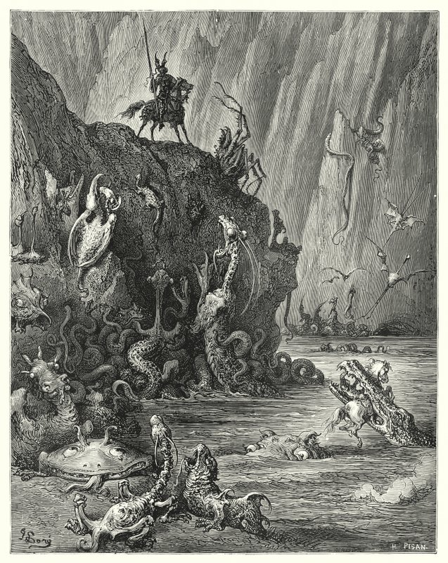 Gustave Dores Don Quijote: "En vidstrakt innsjø med kokende bek, der en uendelig mengde hissige og forferdelige skapninger beveger seg fram og tilbake" (gravering) av Gustave Dore