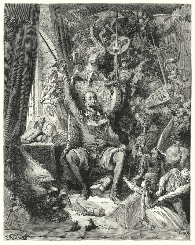 Gustave Dores Don Quijote: "En verden av uordnede forestillinger, plukket ut av bøkene hans, overfylt i fantasien hans" (gravering) av Gustave Dore