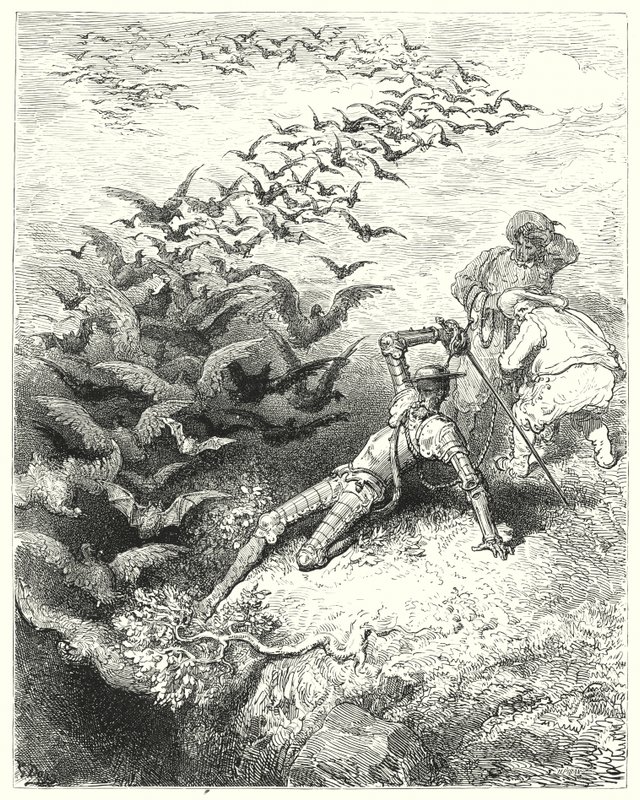Gustave Dores Don Quijote: "Et uendelig antall overgrodde kråker og daws kom susende og flagrende ut av hulen" (gravering) av Gustave Dore