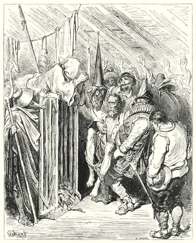 Gustave Dores Don Quixote: "Vær ikke utålmodig, O Ridder av den ydmyke skikkelse, ved fengslingen din" (gravering) av Gustave Dore