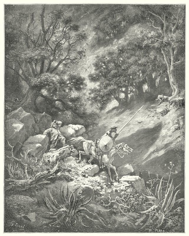 Gustave Dores Don Quijote: «Men be, sir,» citerer Sancho, «er det en god ridderlighetslov som sier at vi skal vandre opp og ned, over busker og kratt, i denne steinete villmarken?» (gravering) av Gustave Dore