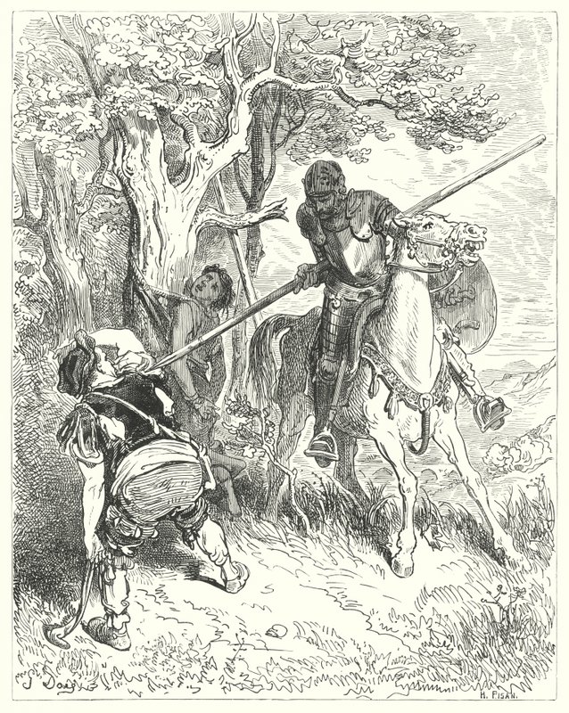 Gustave Dores Don Quijote: "Ved solen som skinner, jeg har et godt sinn til å kjøre deg gjennom kroppen med lansen" (gravering) av Gustave Dore