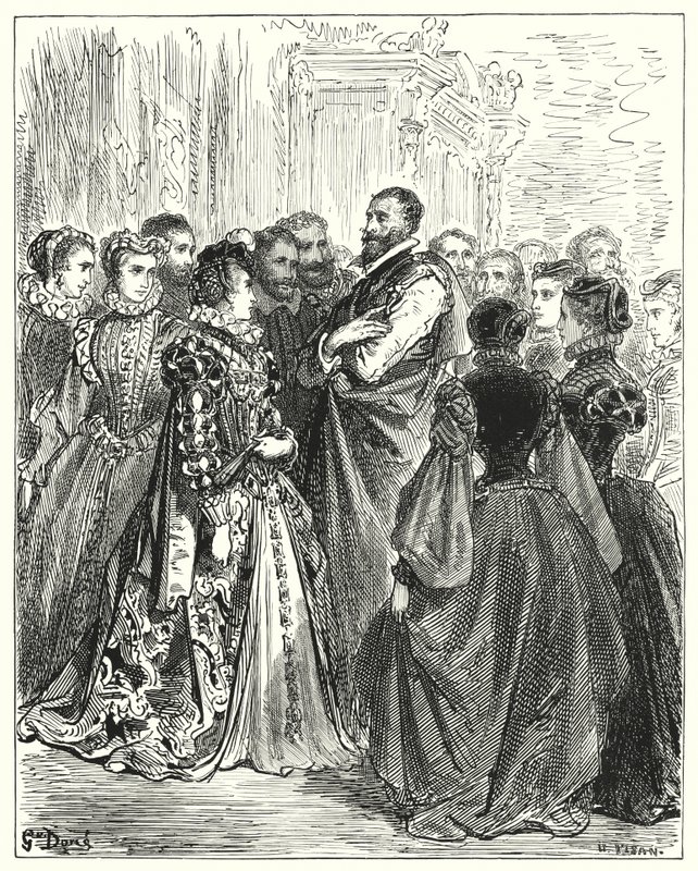 Gustave Dores Don Quijote: "Don Antonios kone hadde invitert flere av vennene sine til et ball for å hedre gjesten hennes" (gravering) av Gustave Dore