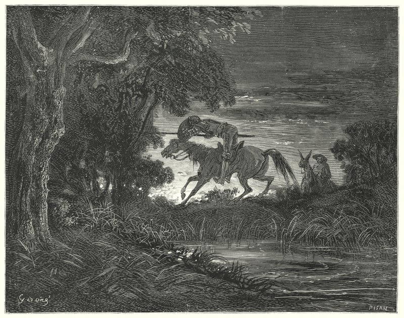 Gustave Dores Don Quijote: "Don Quixote, akkompagnert av hans uforferdede hjerte, hoppet på Rozinante" (gravering) av Gustave Dore