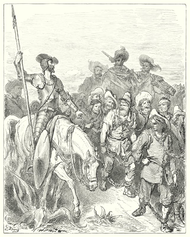 Gustave Dores Don Quijote: "Don Quijote spurte den første om hvilke forbrytelser han var under disse elendige omstendighetene" (gravering) av Gustave Dore