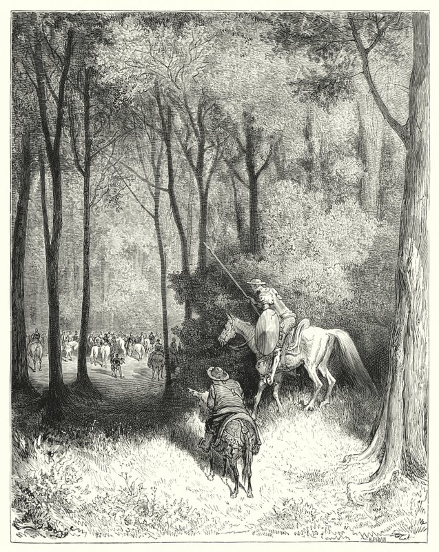 Gustave Dores Don Quijote: "Don Quijote beskrev et selskap, som han, ved et nærmere syn, bedømte å være personer av kvalitet" (gravering) av Gustave Dore