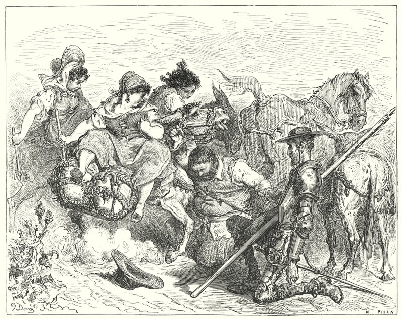 Gustave Dores Don Quijote: "Don Quixote stirret med tvilsomme og trøstesløse øyne på skapningen som Sancho kalte dronning og dame" (gravering) av Gustave Dore