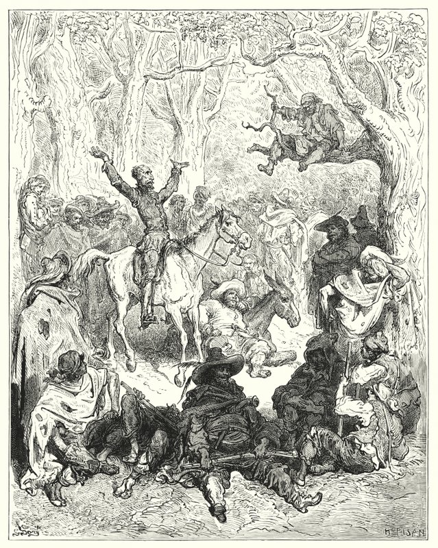 Gustave Dores Don Quijote: "Don Quijote, montert på Rozinante, erklærer veldig rikelig mot deres levemåte" (gravering) av Gustave Dore