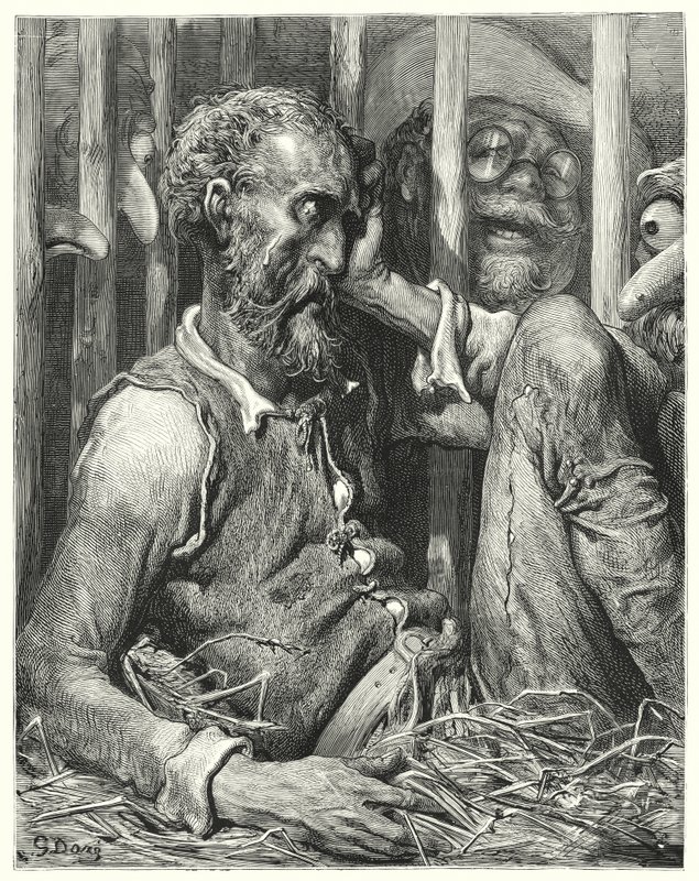 Gustave Dores Don Quijote: "Don Quijote var ikke så mye overrasket over hans fortryllelse som over måten den ble gjort på" (gravering) av Gustave Dore