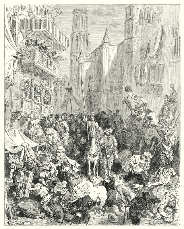 Gustave Dores Don Quijote: "De innelukket ham i midten av brigaden deres, ledet ham mot byen" (gravering) av Gustave Dore