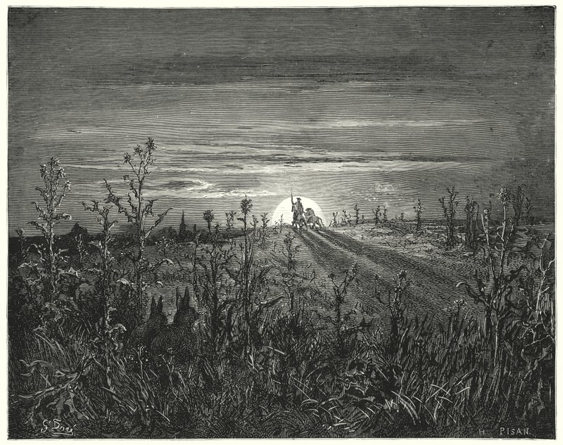 Gustave Dores Don Quijote: "Venn Sancho," sa Don Quijote, "Jeg finner ut at natten som nærmer seg vil innhente oss før vi kan nå Toboso" (gravering) av Gustave Dore