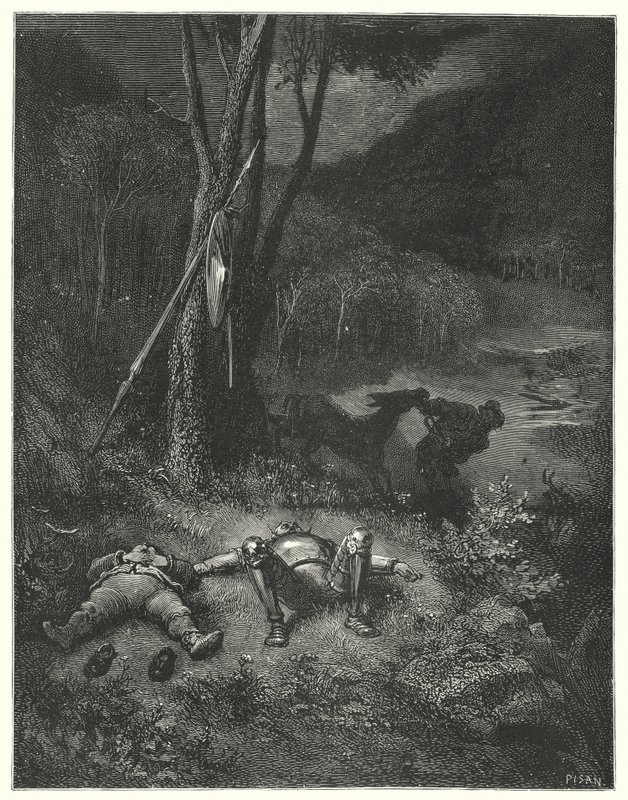 Gustave Dores Don Quixote: "Gines, som var en fremmed både for takknemlighet og menneskelighet, bestemte seg for å ri bort med Sanchos rumpa" (gravering) av Gustave Dore