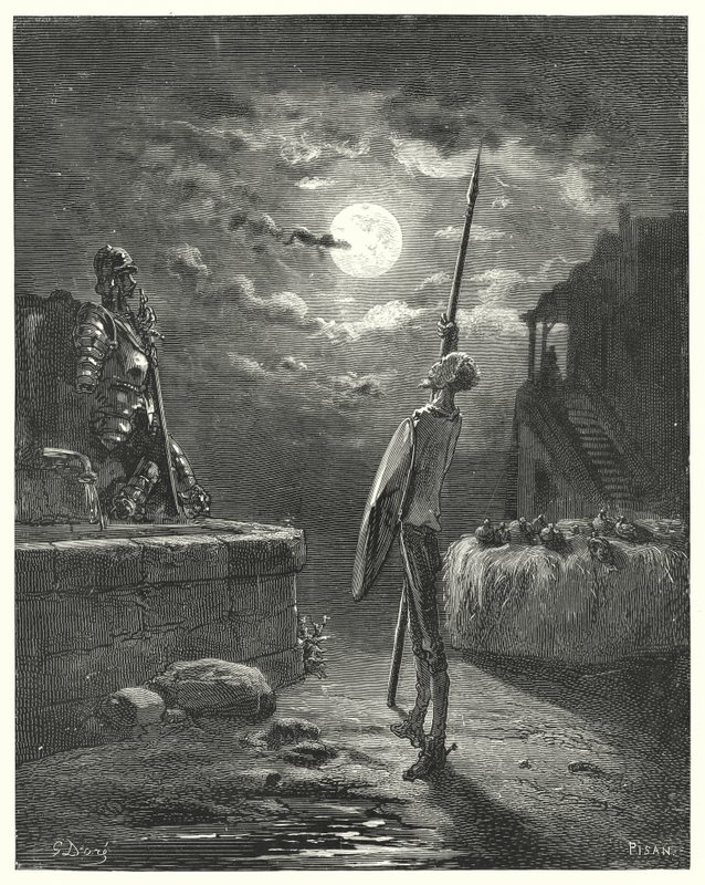 Gustave Dores Don Quijote: "Han begynte å gå rundt ved hestetrauet med en grasiøs form" (gravering) av Gustave Dore