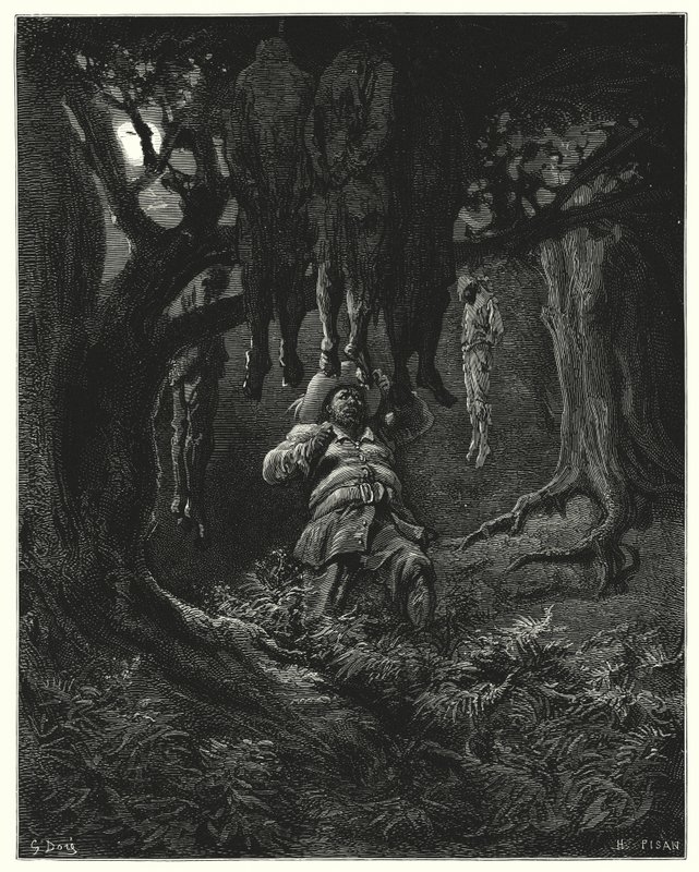 Gustave Dores Don Quijote: "Han ropte til Don Quixote om hjelp" (gravering) av Gustave Dore