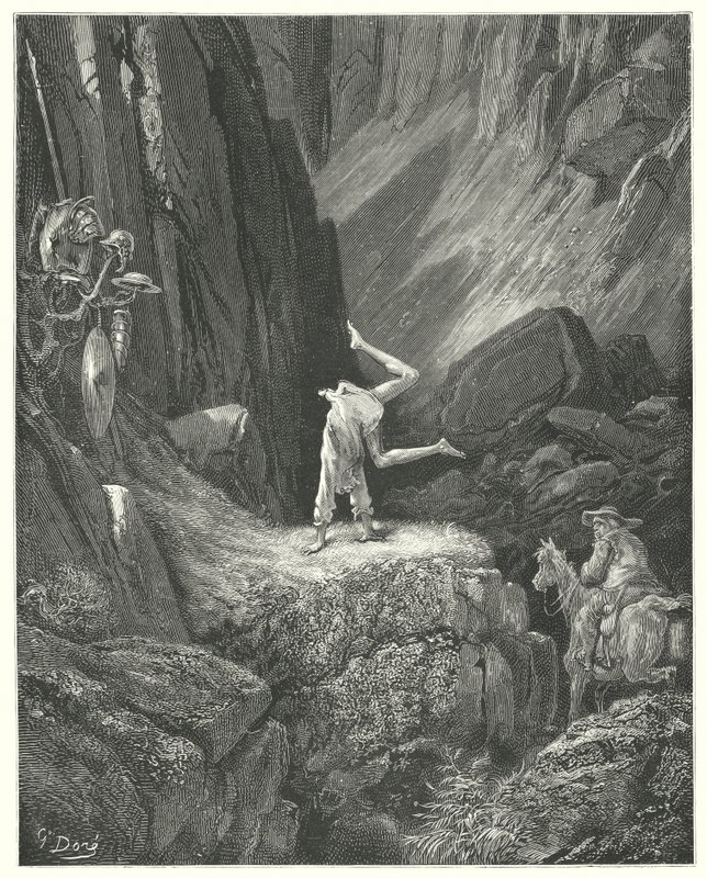 Gustave Dores Don Quijote: "Han ga to eller tre frisker i luften, og deretter kastet han på hendene og hentet hælene over hodet to ganger sammen" (gravering) av Gustave Dore