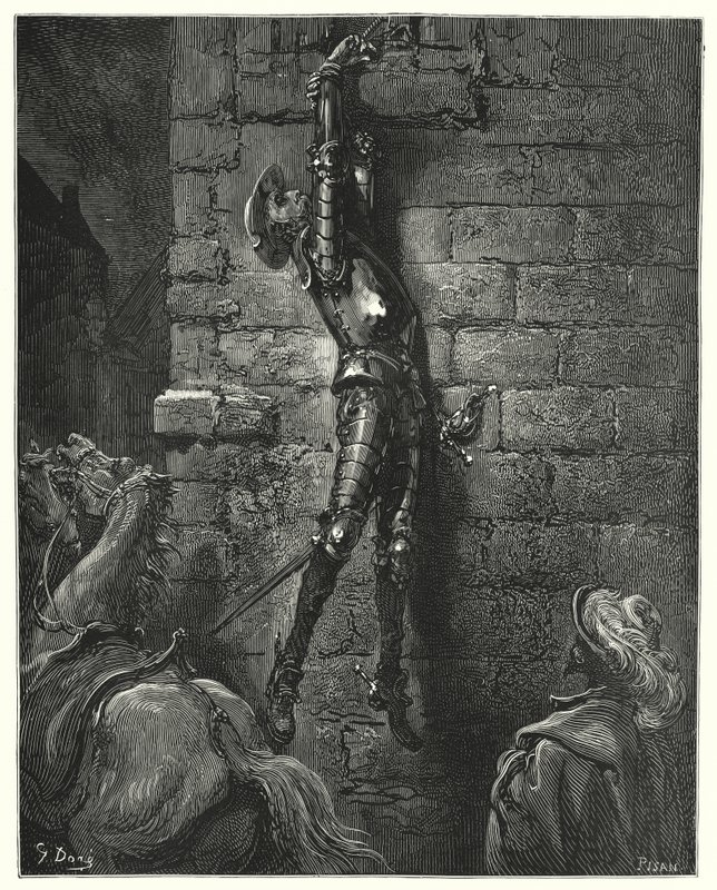 Gustave Dores Don Quijote: "Han hadde uunngåelig falt til bakken, hadde ikke håndleddet hans vært sikkert festet til tauet" (gravering) av Gustave Dore