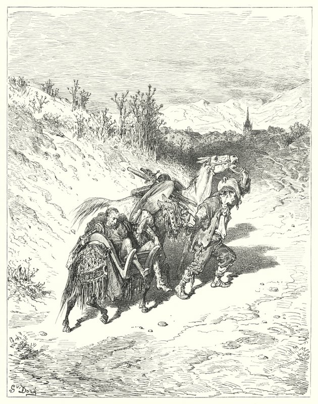Gustave Dores Don Quijote: "Han førte dem alle mot landsbyen, og trasket en fot selv, veldig ettertenksom" (gravering) av Gustave Dore