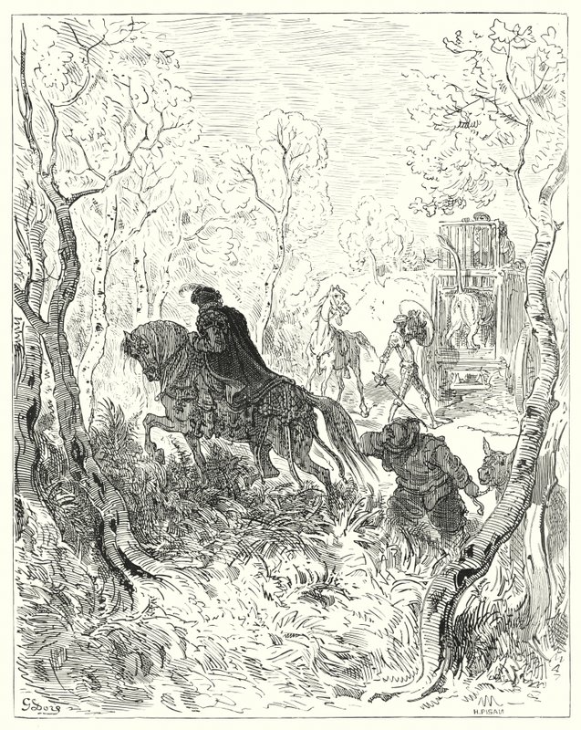 Gustave Dores Don Quijote: "Han postet seg rett før døren til buret" (gravering) av Gustave Dore