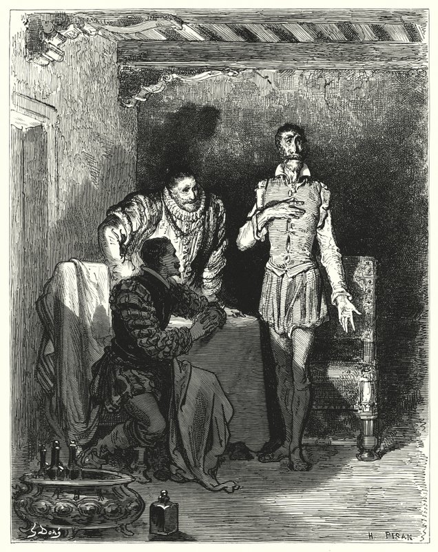 Gustave Dores Don Quijote: "Han fortalte herrene hele historien om at hun ble fortryllet" (gravering) av Gustave Dore