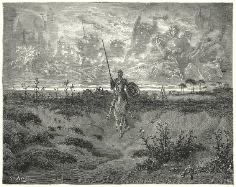 Gustave Dores Don Quijote: "Han reiste nesten hele den dagen" (gravering) av Gustave Dore