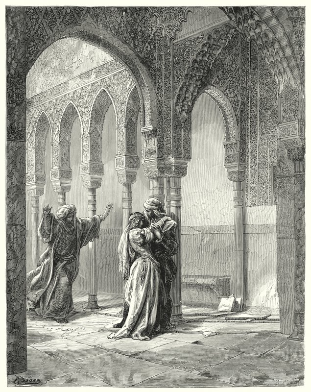 Gustave Dores Don Quijote: "Faren hennes kom raskt til oss, og da han så datteren hans i denne tilstanden, spurte han hva som var i veien" (gravering) av Gustave Dore