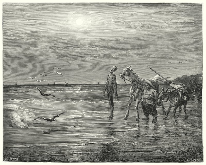 Gustave Dores Don Quijote: "'Her falt min lykke, for aldri å reise seg igjen'" (gravering) av Gustave Dore