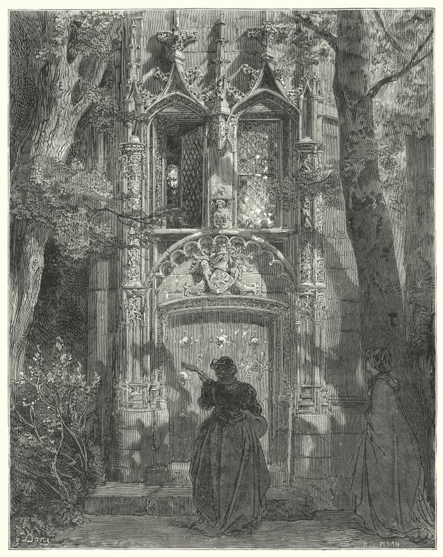 Gustave Dores Don Quijote: "Her endte den frierende damen sin sang" (gravering) av Gustave Dore