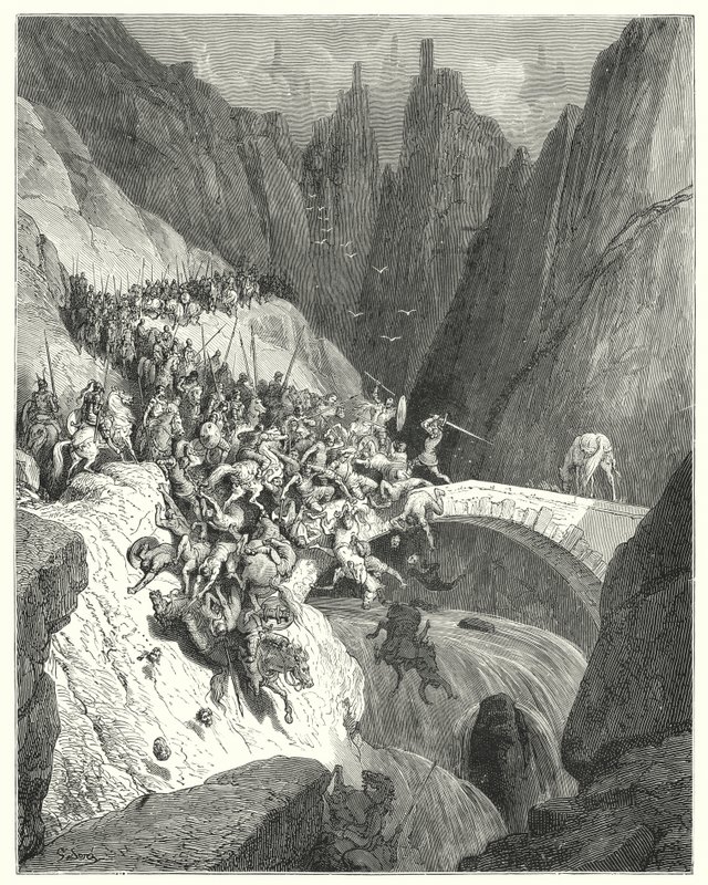 Gustave Dores Don Quixote: "Hvordan Don Diego Garcia med sin eneste styrke forsvarte passasjen av en bro mot en stor hær" (gravering) av Gustave Dore