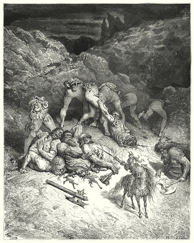 Gustave Dores Don Quijote: "Hvordan Felixmarte kuttet av fem kjemper på midten" (gravering) av Gustave Dore