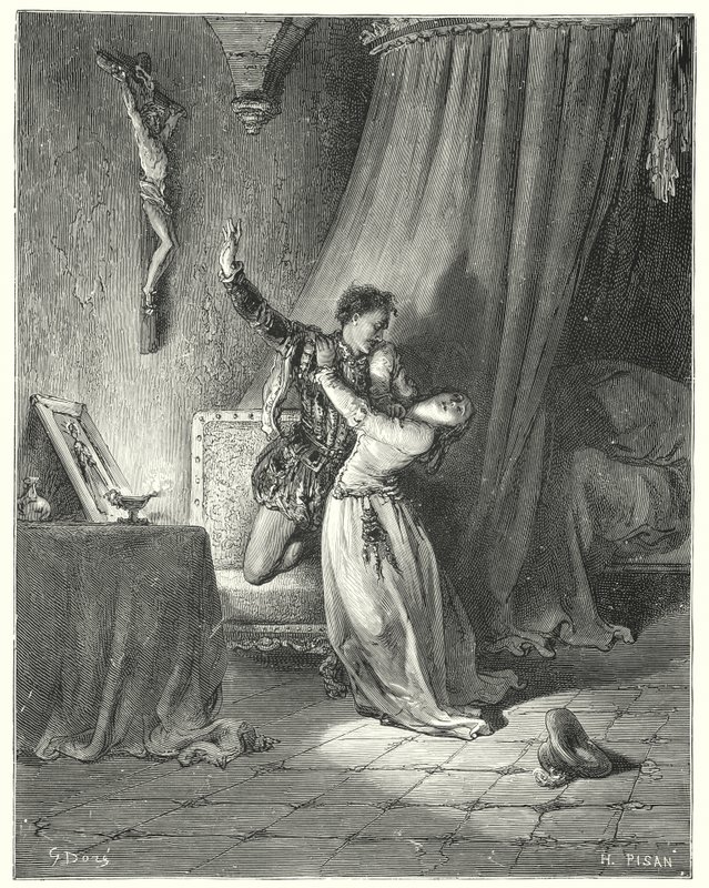 Gustave Dores Don Quijote: "Jeg er din i dette øyeblikket, vakre Dorothea: se, jeg gir deg min hånd her for å være din" (gravering) av Gustave Dore