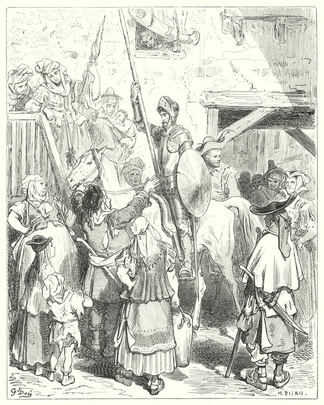 Gustave Dores Don Quijote: "Jeg har ingenting med alt dette å gjøre," ropte gjestgiveren; "betal din regning" (gravering) av Gustave Dore