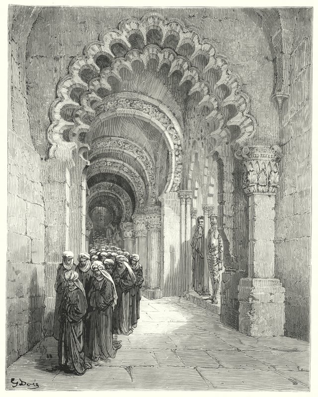 Gustave Dores Don Quijote: "Jeg så en sørgelig prosesjon av vakreste jenter, alt i svart" (gravering) av Gustave Dore