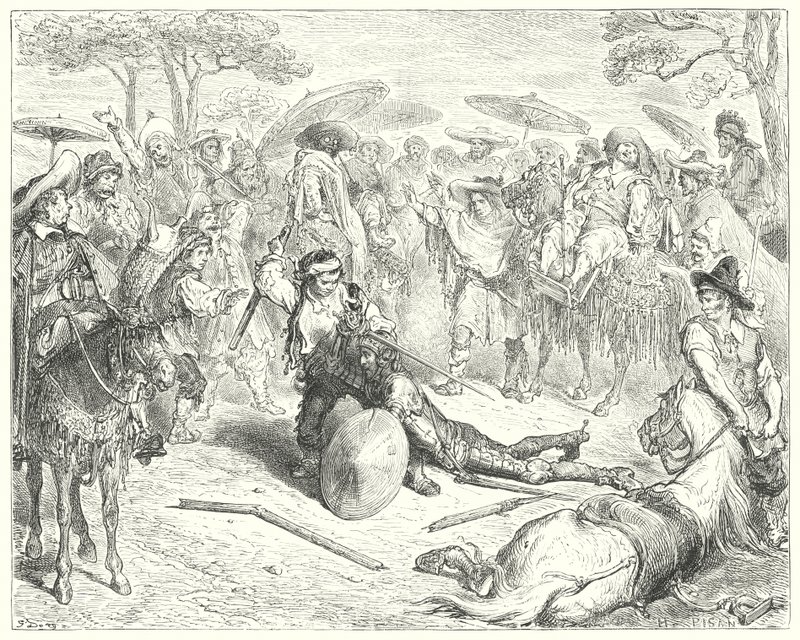 Gustave Dores Don Quijote: "Til tross for armene hans, banket han ham som en hvete-skjær" (gravering) av Gustave Dore