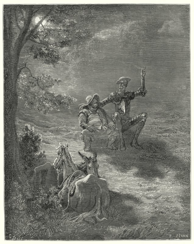 Gustave Dores Don Quijote: "I slike diskurser passerte de en stor del av natten" (gravering) av Gustave Dore