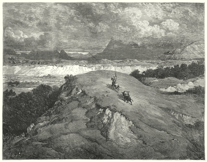 Gustave Dores Don Quixote: "Det var natt før våre to reisende kom til den mest ørkende delen av fjellet" (gravering) av Gustave Dore