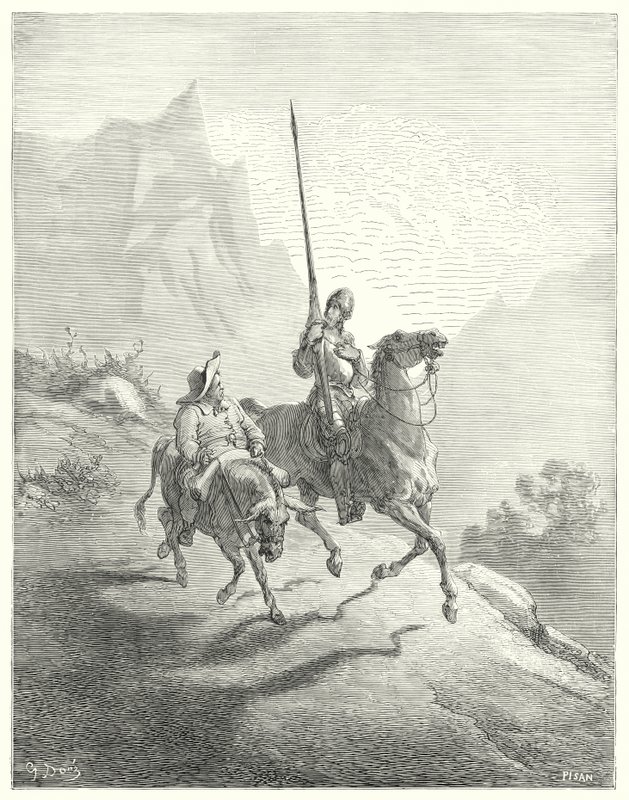Gustave Dores Don Quijote: "Det var ennå tidlig på morgenen, da solstrålene ikke viste seg så støtende" (gravering) av Gustave Dore