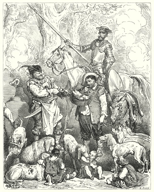 Gustave Dores Don Quixote: "Gjør skift for å holde magen med det til middagen er klar" (gravering) av Gustave Dore