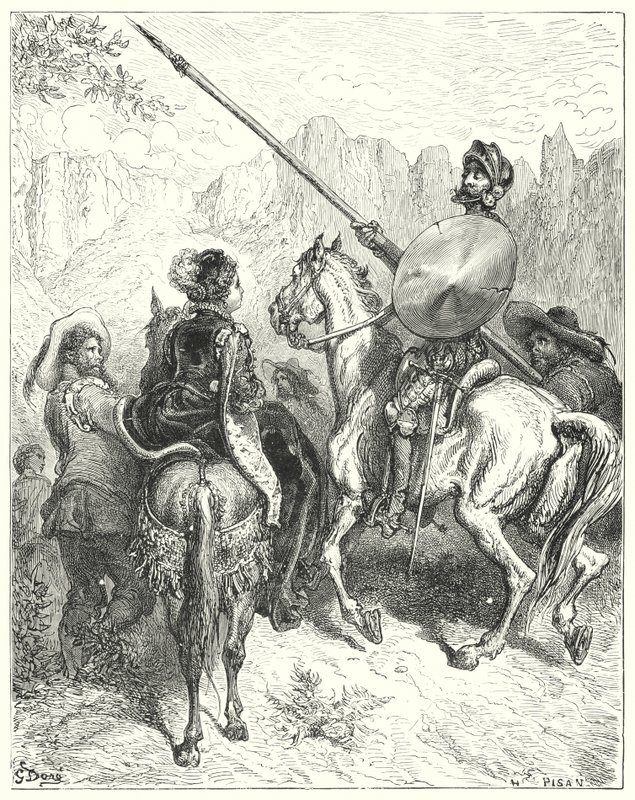 Gustave Dores Don Quijote: "Nå, dame," sa Don Quijote, "la meg be din storhet om å fortelle meg hvilken vei vi må gå, for å tjene deg" (gravering) av Gustave Dore