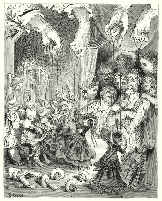Gustave Dores Don Quijote: "Observer hvilket stort selskap av glitrende hester som strømmer ut av byen, på jakt etter de kristne elskere" (gravering) av Gustave Dore