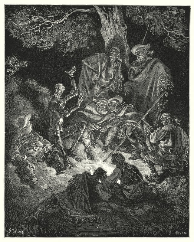 Gustave Dores Don Quijote: "Å, lykkelig alder," ropte han, "som våre første foreldre kalte gullalderen!" (gravering) av Gustave Dore