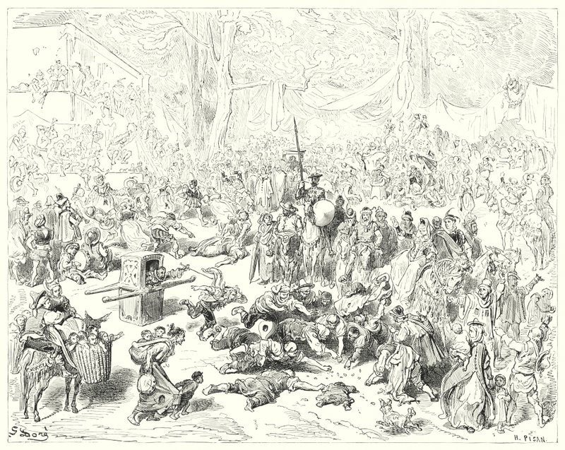 Gustave Dores Don Quijote: "Stakkars Sancho fulgte sin herre med et tungt hjerte" (gravering) av Gustave Dore