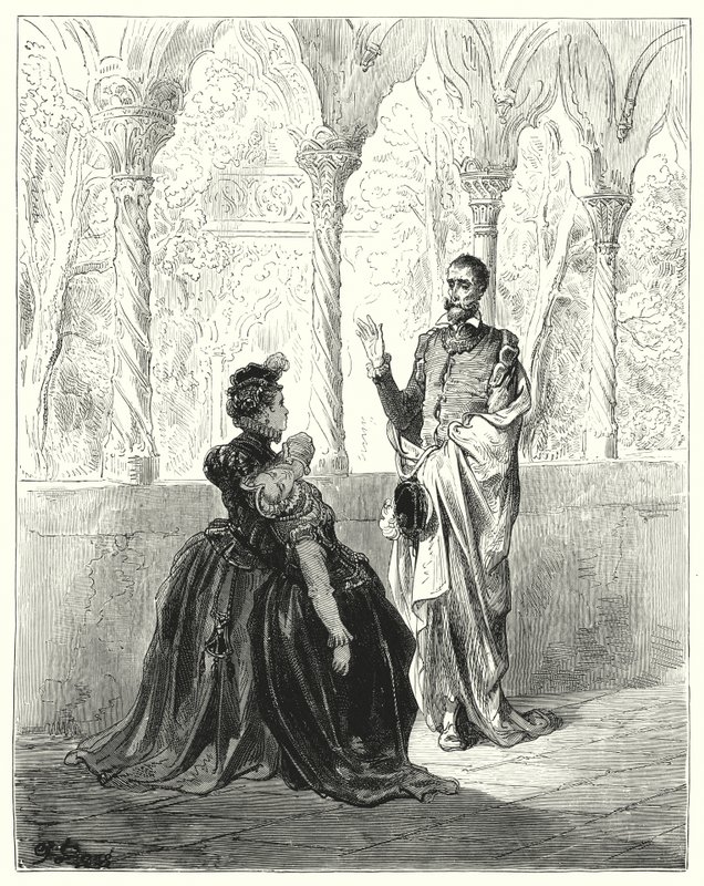 Gustave Dores Don Quijote: "Be, min Herre Don Quijote, trekk deg tilbake, for denne stakkars unge skapningen vil ikke komme til seg selv mens du er forbi" (gravering) av Gustave Dore