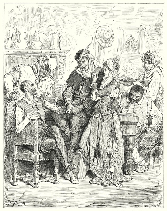Gustave Dores Don Quijote: "Sancho og hans herre ble tre dager hos et ungt par, og ble underholdt som prinser" (gravering) av Gustave Dore