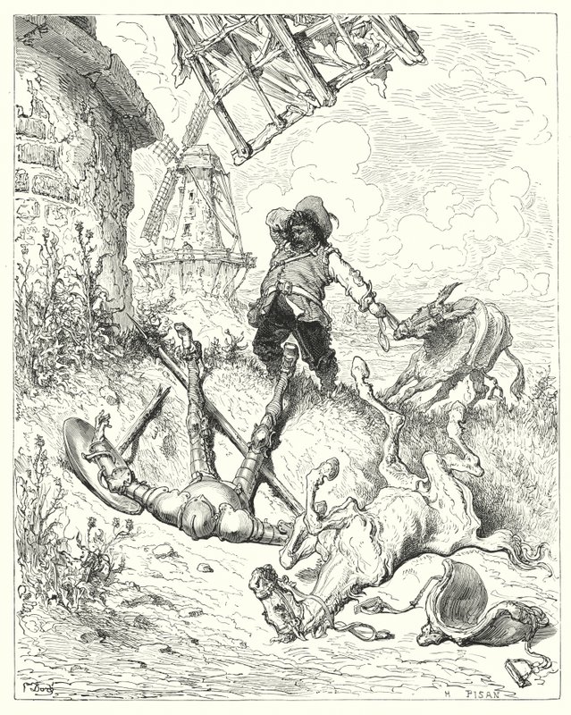 Gustave Dores Don Quixote: "Sancho løp så fort rumpa hans kunne drive, for å hjelpe sin herre" (gravering) av Gustave Dore