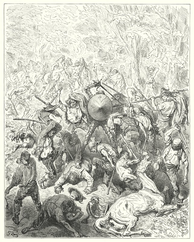Gustave Dores Don Quijote: "Yangeserne tok seg til sine spaker og pakkestaver" (gravering) av Gustave Dore