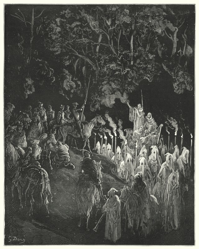 Gustave Dores Don Quijote: "Figuren i kjolen sto opp" (gravering) av Gustave Dore